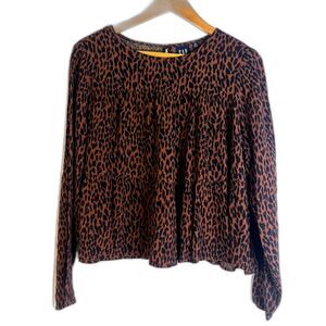 GAP Brown Black Animal Print Ruffled Aline Cropped Blouse Size Medium Petite